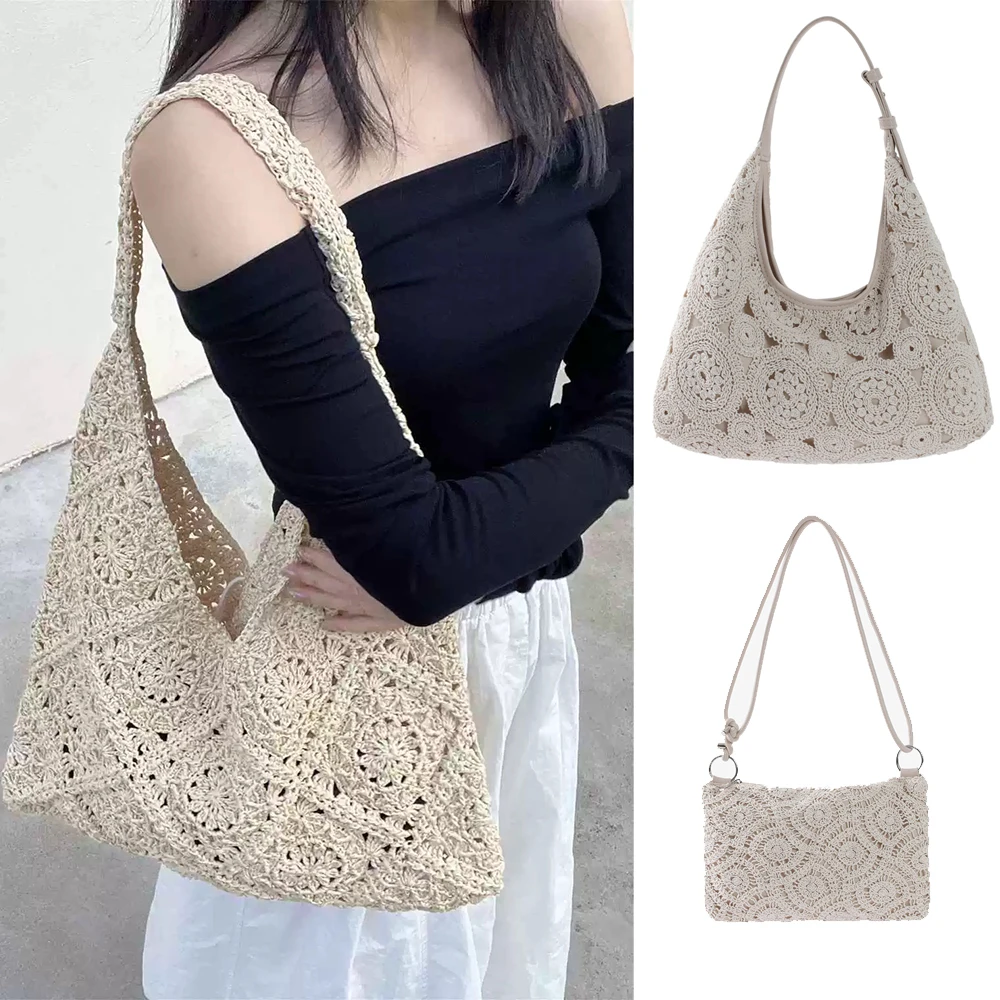 

Pattern Hollow Woven Handbag, Bohemia Beach Shoulder Bags for Women Crochet Set Beach Travel Mountaineering Leisure Bag