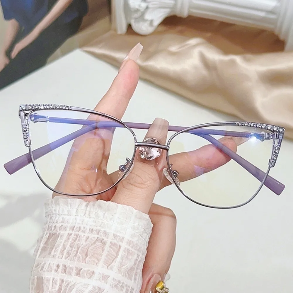 Metal Frame Cat Eye Glasses Lightweight Transparent Anti Blue Light Glasses rhinestone Studded Anti Radiation Computer Eyewear