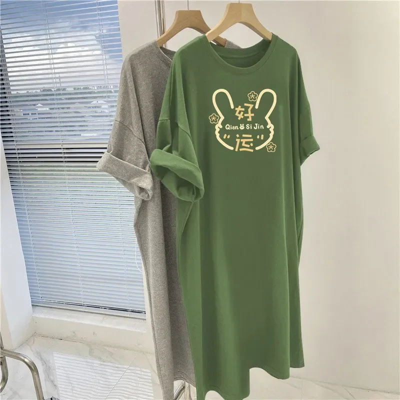 

Women Cartoon Printed Long Stytle T-shirt Summer New Chic Printed Basic Tops, Short Sleeve Over the Knee O-neck Tunics