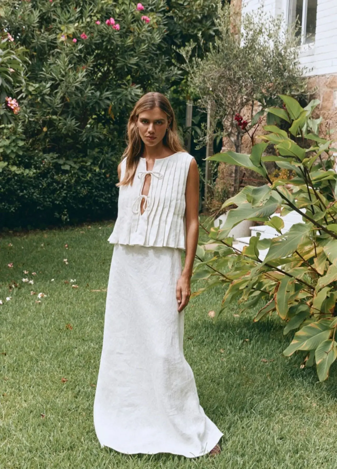 

Summer Cotton Linen Lace Up Vest Long Skirt Suits Women Sleeveless Top Elegant Skirt Set Female Holiday Beach Clothes Vestidos