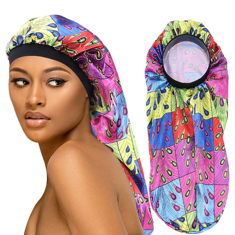 

African Print Long Tube Bonnet Night Sleep Cap Satin Silky Hair Care Cap Turban Street Style For Ladies Headscarf Fashion