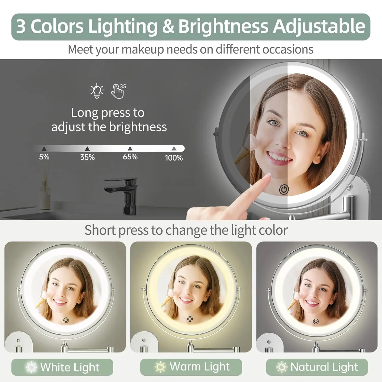 Rechargeable Wall Mounted Lighted Makeup Mirror 8 Inchmagnifying Bathroom Mirror with 3 Color Lights, 360 °   Swivel Vanity Mirror