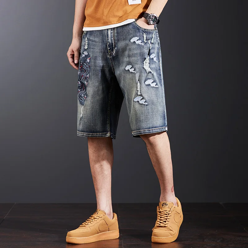 

2024 New Chinese Dragon Embroidered Denim Shorts Men's Loose Hole plus Size Retro Washed Street Shorts