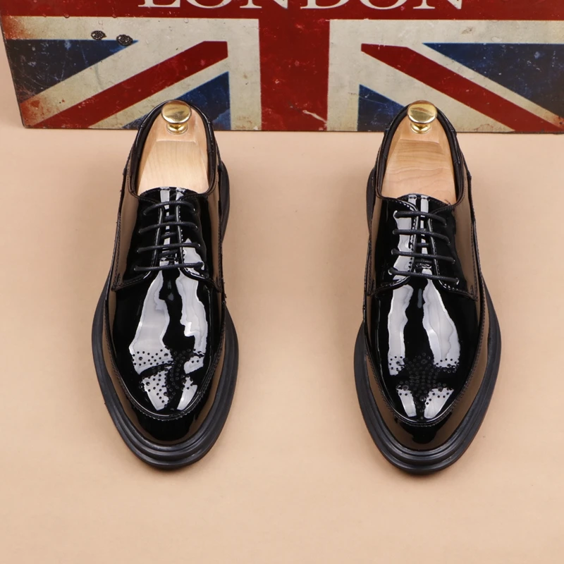 

men fashion business wedding patent leather shoes lace-up derby shoe black trendy carved brogue sneakers gentleman footwear mans