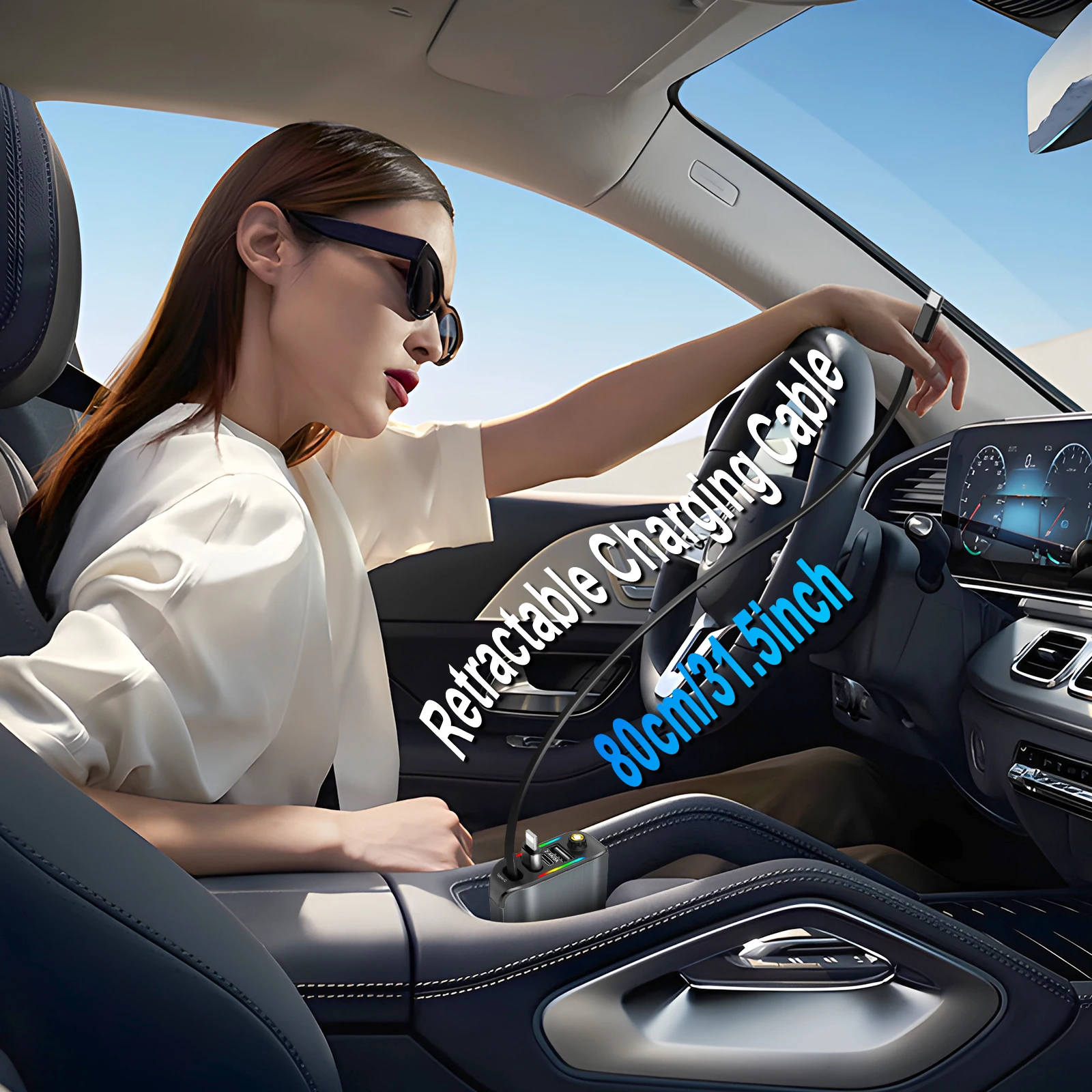 4 في 1 شاحن سيارة جديد قابل للسحب مع ضوء النجوم، محول شاحن سيارة سريع 66 وات USB C مع منفذي USB شاحن هاتف السيارة