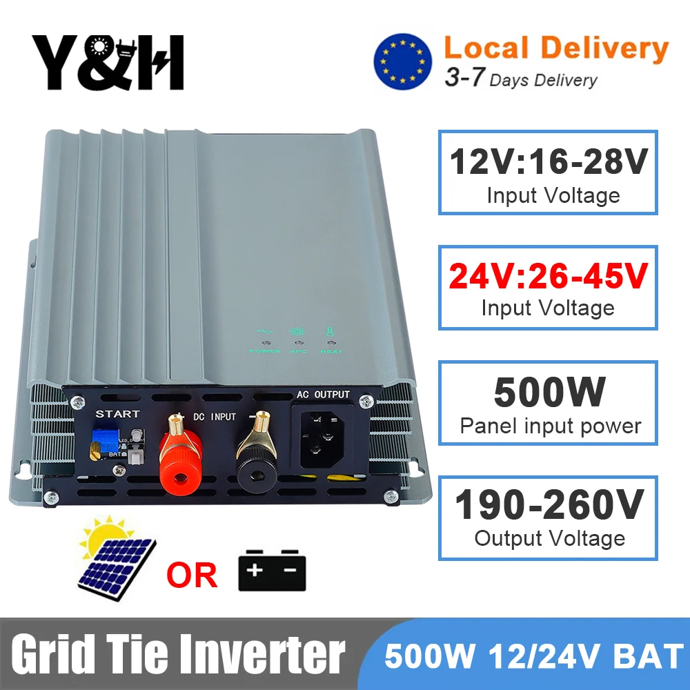 Image of EU-Lager Y&H 500W MPPT Netzgekoppelter Mikrowechselrichter Reine Sinuswelle 12V/24V DC zu 220V AC Solarwechselrichter, Kompatibel mit PV-Modulen & Batterieentladung, Einstellbarer Ausgang, Plug & Play