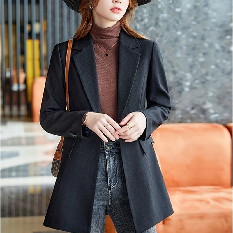 Autumn Winter Ladies Mid Long Blazer Women’s Single Button Black Purple Female Casual Jacket Coat Office Blazer Female Outerwear