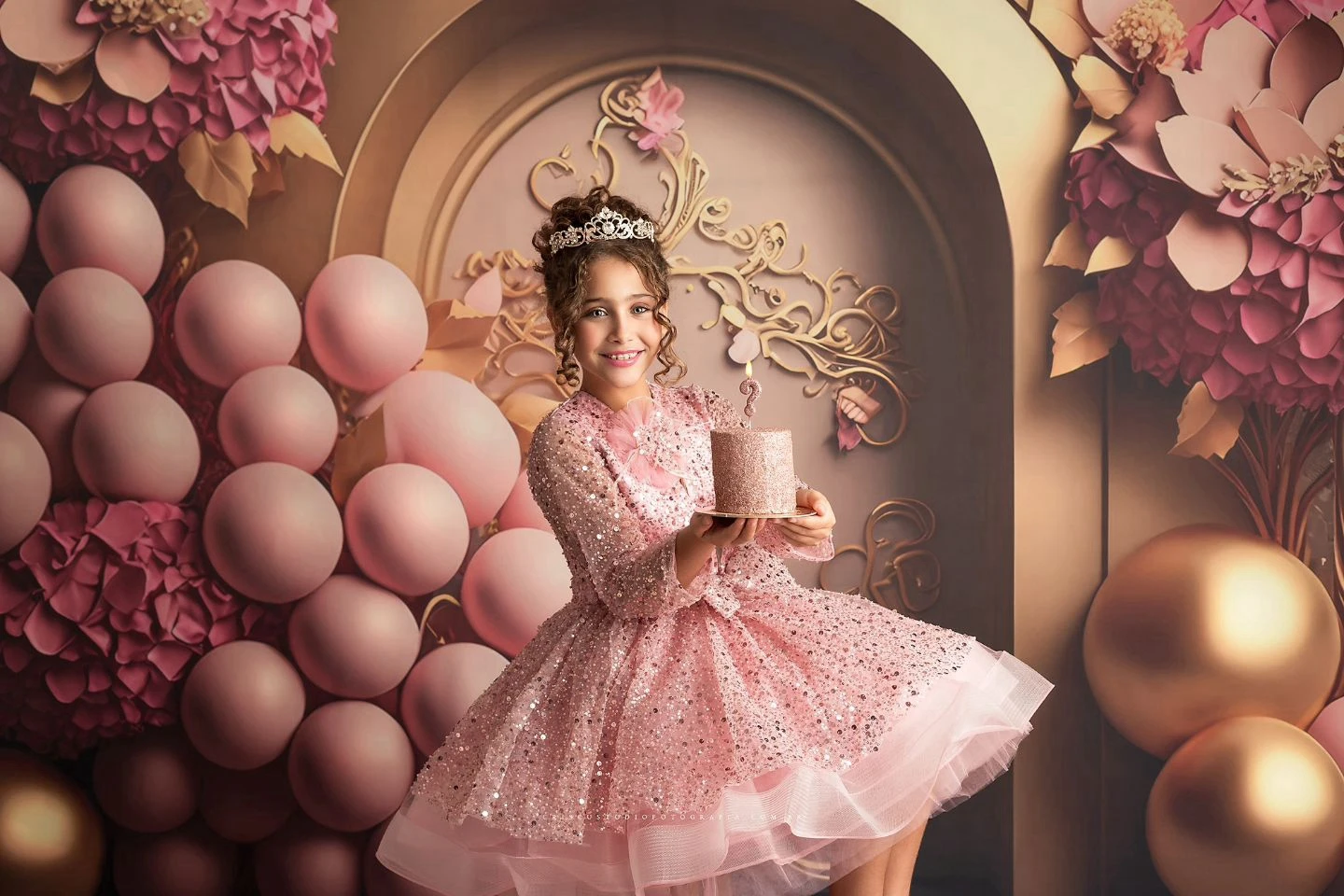 Stunning Girls Dress Sequin Long Sleeve Birthday Ball Princess Dress Pink Fashionable Fluffy Dress Elegant Birthday Party Gown