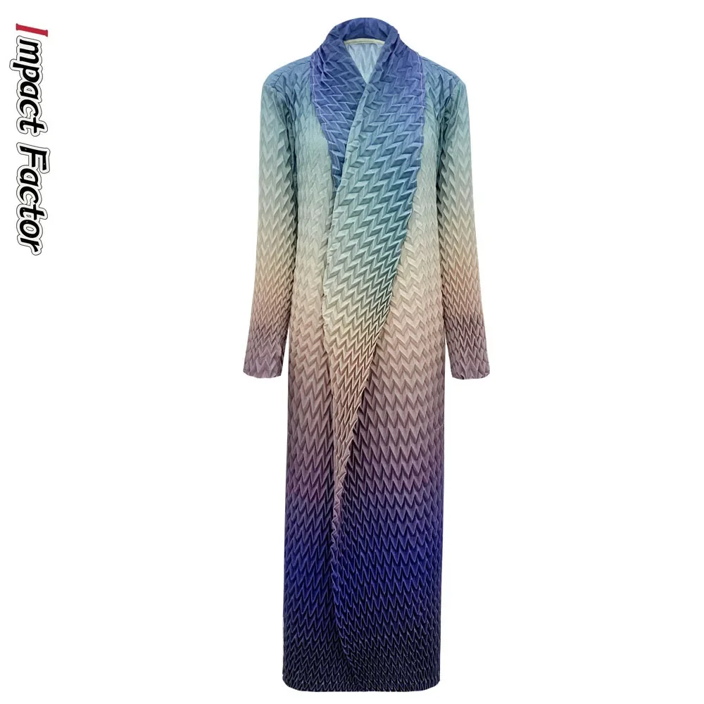 Autumn New Gradient Color Pleated Long Sleeved Cardigan Scarf Collar Pleated Long Skirt Temperament Commuting Style Dress