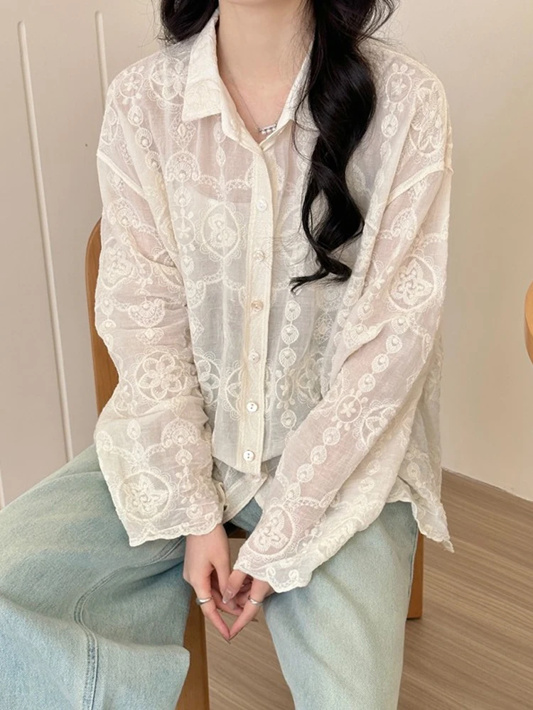 

Ele Embroidered Long Sve Loose Women's irt Korean Sle Spring Faion Single Button Casual Chic Blouse