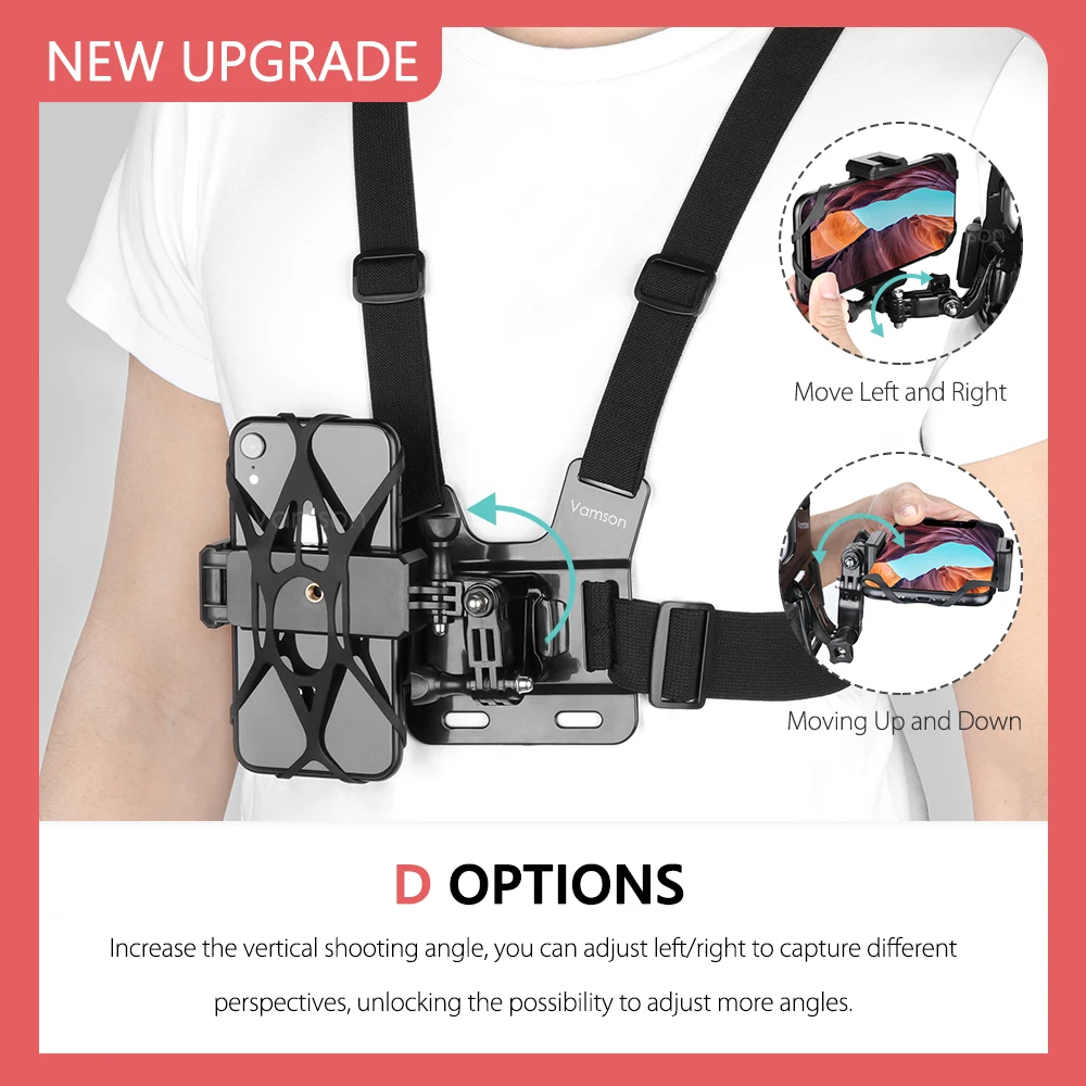 Vamson for iPhone 13 14 Samsung Huawei Chest Strap Belt Body Harness Phone Clip Mount for Insta360 for Gopro Hero 11 10 9 8 7