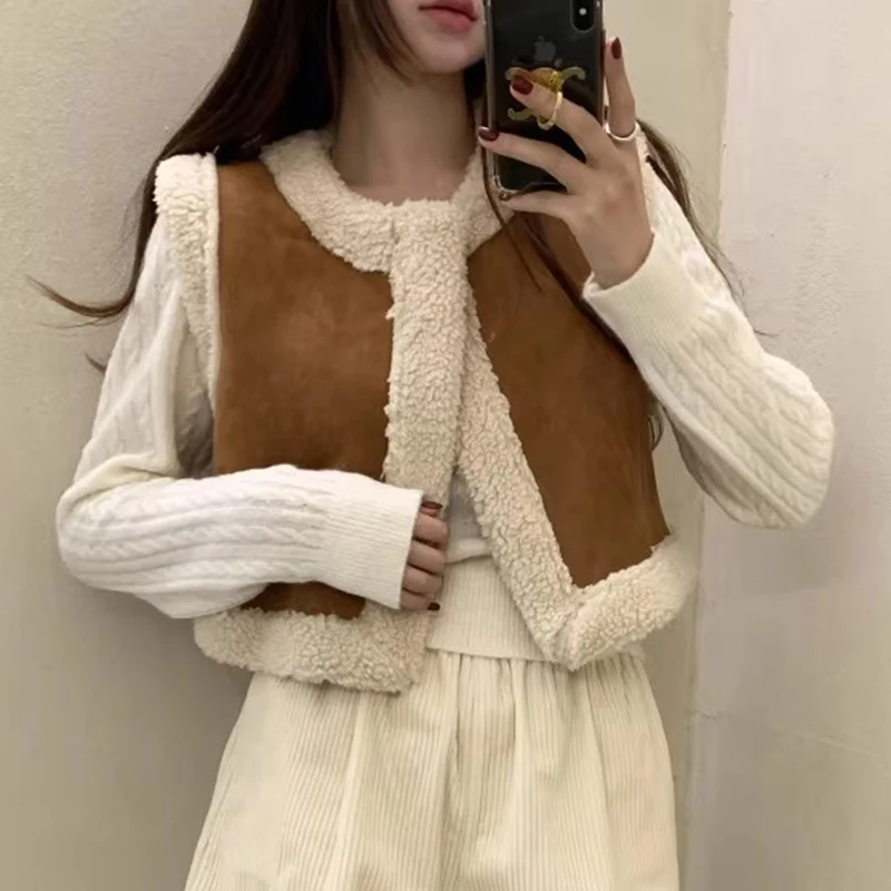 South korea Chic Autumn and Winter Retro All-Match round Neck Double Purpose Loose Casual Patchwork Imitation Lamb Wool Vest ...