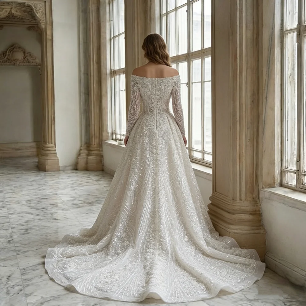 Custom Luxury Square Neck Long Sleeve Beaded Ball Gown Wedding Dress 2026 Cathedral Train Bridal Gown Plus Size Vestido De Novia view 3
