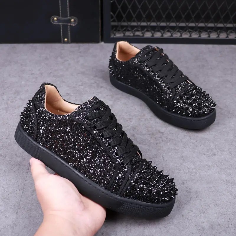 italian brand designer rivets shoes for men casual black silver flat shoe singer DJ stage original leather sneakers man footwear
