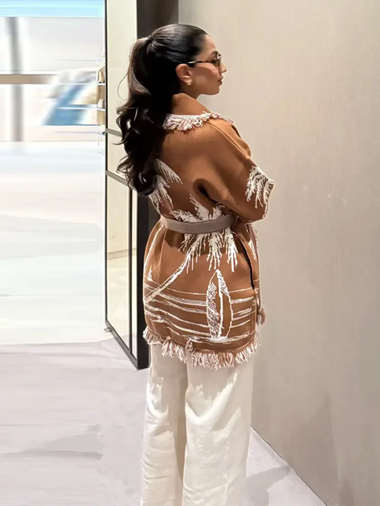 

Кардиганы для женщин, свитер, верхняя одежда на шнуровке, топы с v-образным вырезом, лоскутное жаккардовое пальто с кисточками, модный пояс, тонкая уличная одежда