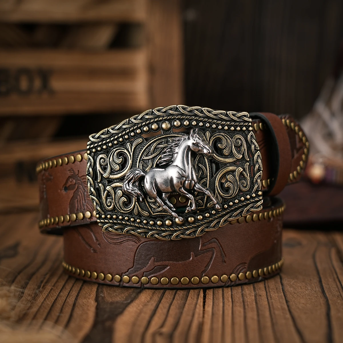 Herren- und Damen-Western-Cowboy-PU-Ledergürtel – Vintage-Gürtel mit floraler Gravur und Schnalle für Jeans – Detail 7
