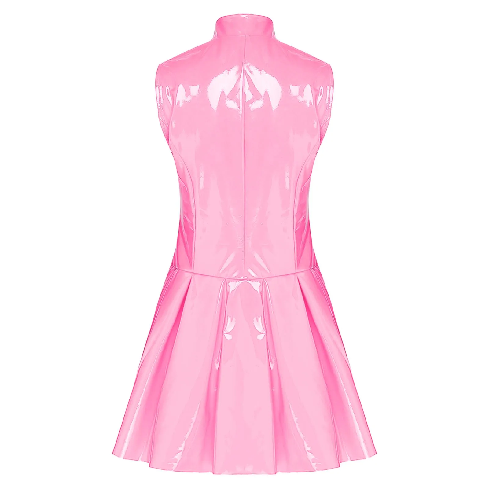 Womens Rivets A-line Wet Look PU Leather Latex Dress Open Front Pressing Buttons Overlay Flare Pleated Hem Glossy Vinyl Dress