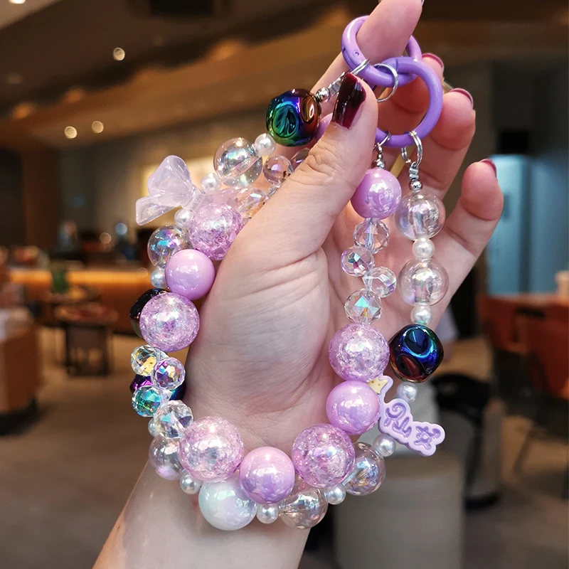 Mobile Phone Lanyard Women Fairy Crystal Wrist Crack Bead Double Chain Transparent Bead Lanyard Clip Style Anti Loss Pendant