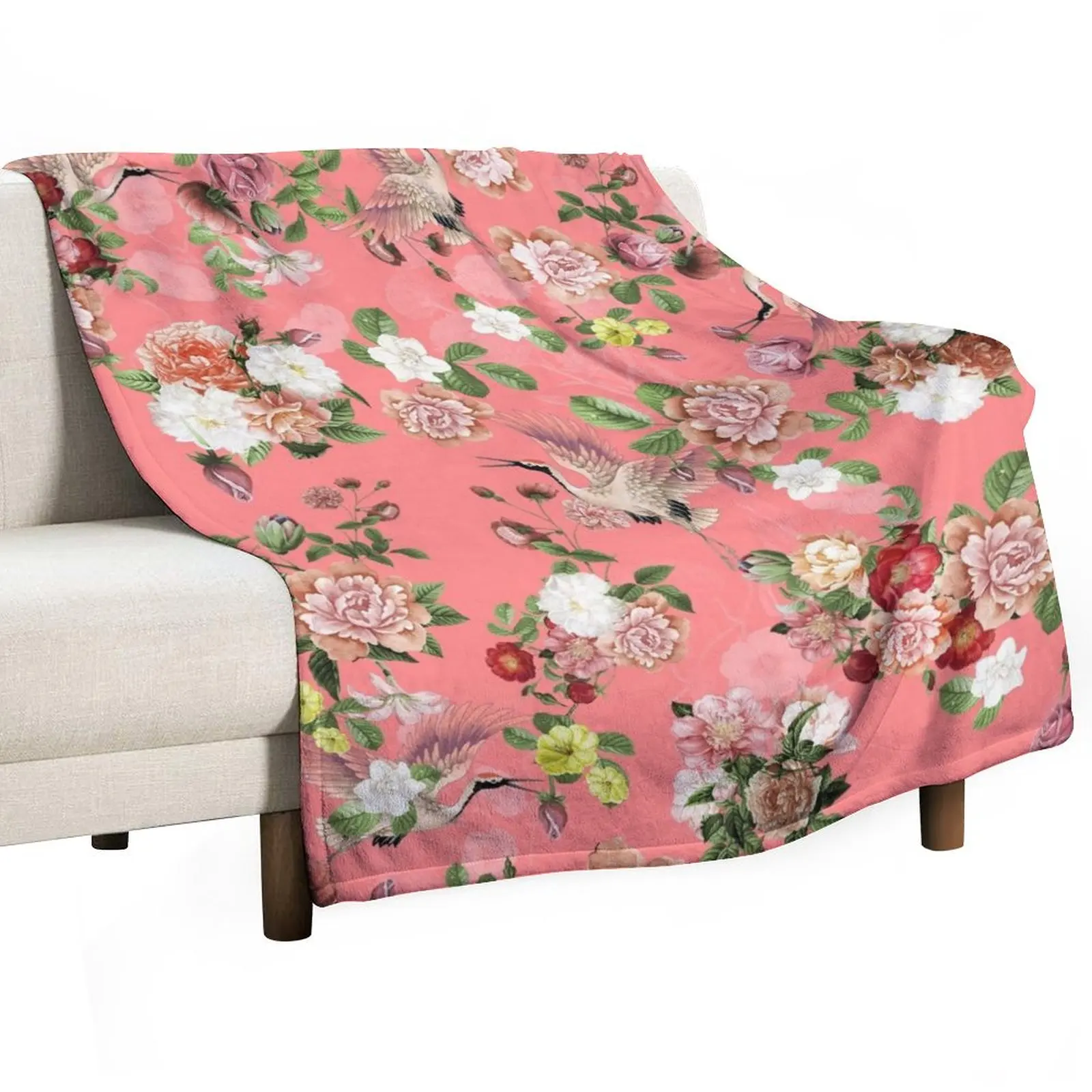 

Chinoiserie Oriental Flowers and Cranes Throw Blanket Decorative Sofa Extra Large Throw Thin Picnic Blankets