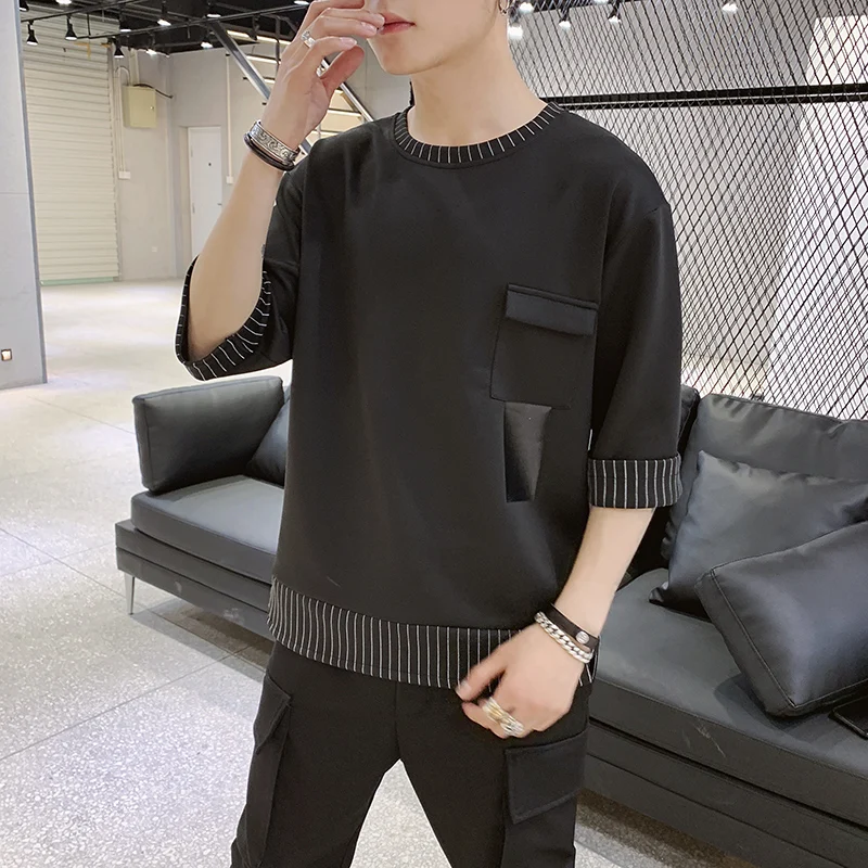 Korean Youthful Vitality 3/4 Sleeve T-shirts Summer Fashion Striped Patchwork Men\'s Clothing O-Neck Casual Pockets Pullovers New