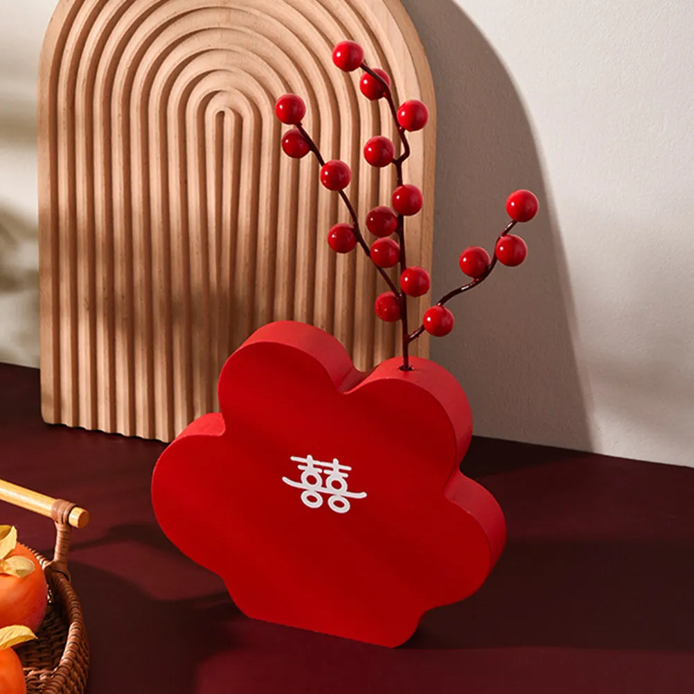Premium Wooden Wedding Table Centerpiece Small Elegant Vase with Artificial Red Berries Rustic Romantic Decor for Tabletop
