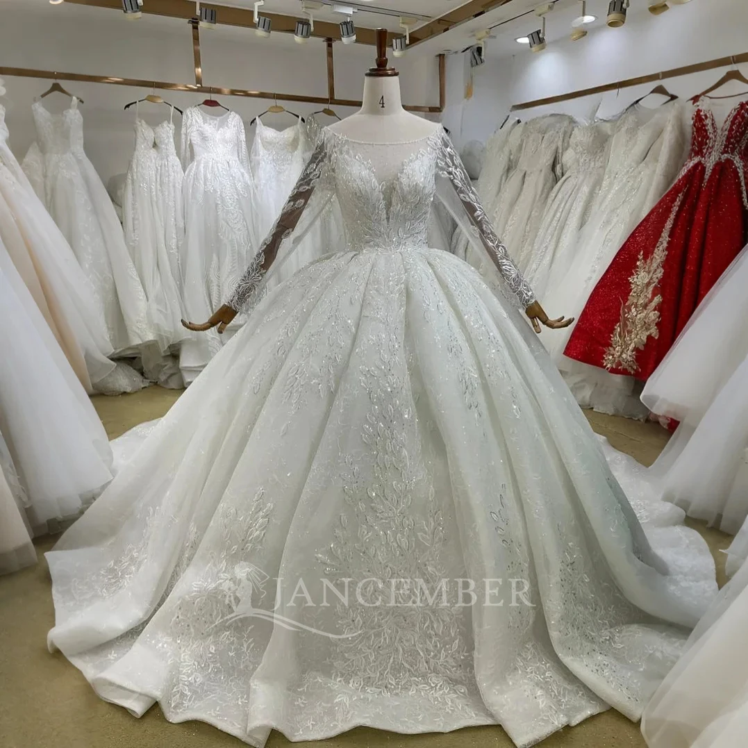 

Customized Vintage Wedding Dress For Women Sequins Bridal Gown O-Neck Long Sleeves Sweep Train Backless свадебное платье