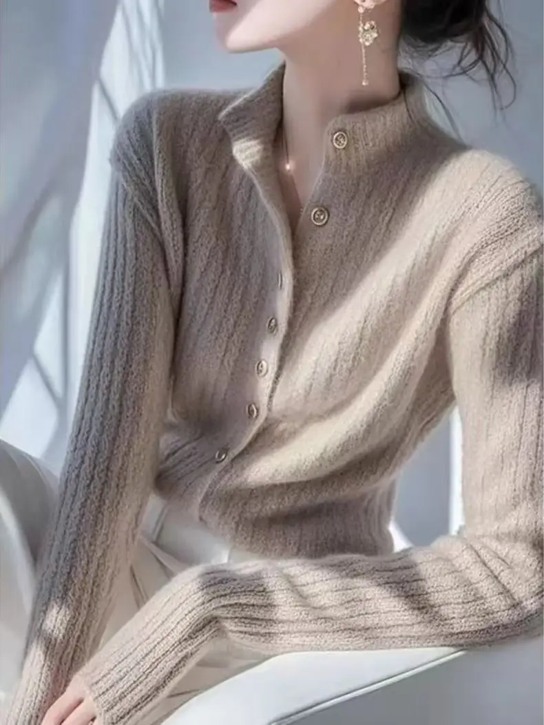 

Fashion Sweet Button Knit Cardigan Sweater Women Slim Fit Half High Collar Long Sleeve Sweater Lazy Wind Small Fragrance Tops
