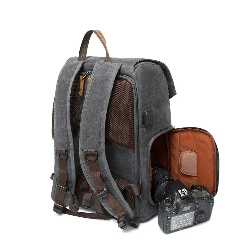 Waterproof retro batik canvas photography backpack with USB interface suitable for 16-inch laptop bag camera bag SLR drone bag.