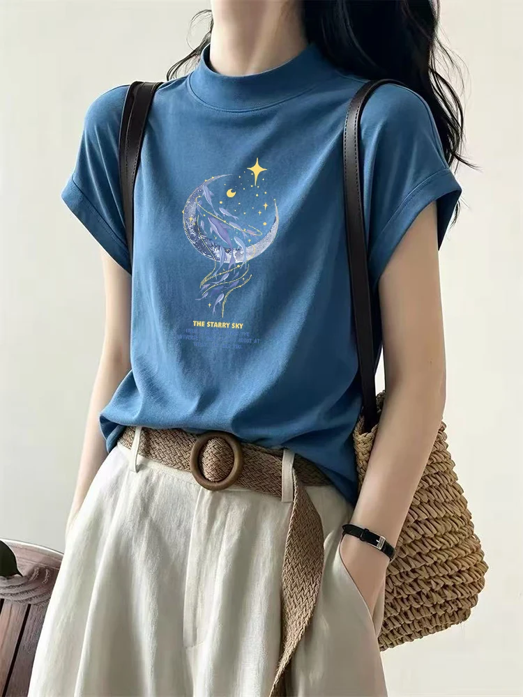 Pure Cotton Short Sleeve T-Shirt Women's Stand Collar Base Shirt Summer Versatile Fashionable Youthful Slimming Lazy Style Top