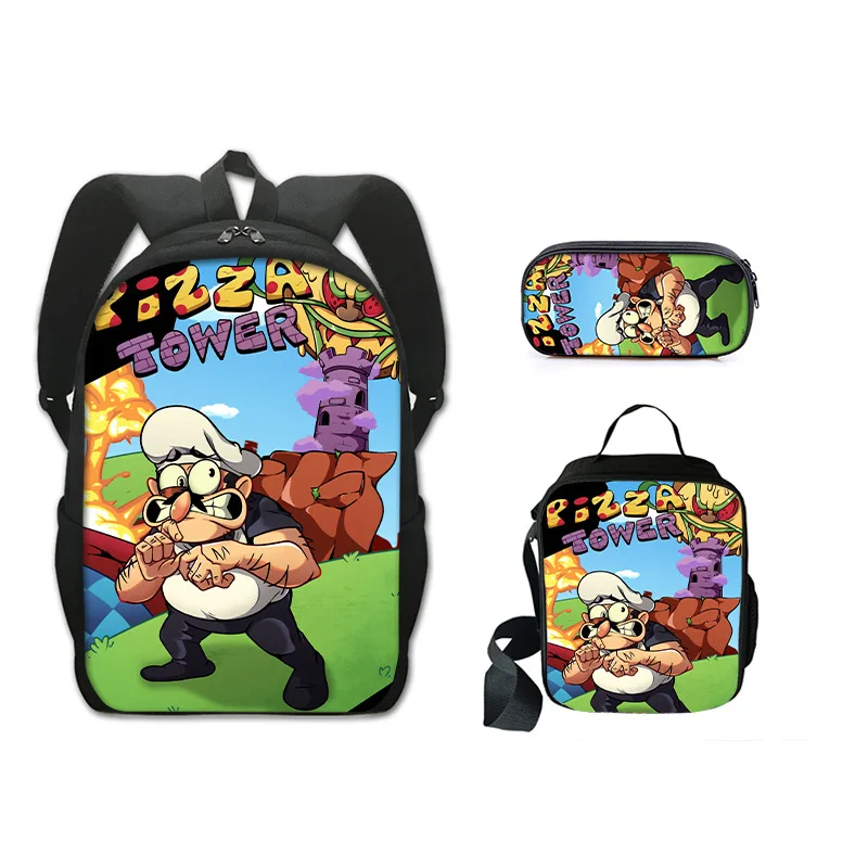 3D Pizza Tower Pepperman Backapck 3psc/set Boys Girls Primary Middle School Students Schoolbag Lunch Bag Pencil Bag Backpacks