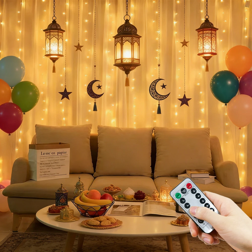 

Светодиодная гирлянда-штора USB 3/6 м с пультом ДУ, 8 режимов, для свадьбы, вечеринки, спальни, стены, окна, дома, подарок на Ид Мубарак, День матери