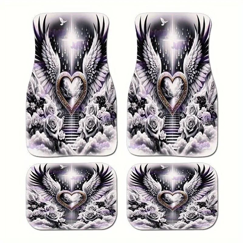 4pcs Dreamy Angel Wings Rose Pattern Car Floor Mats | Polyester, Universal Fit, Effective Hair Collection, Easy To Clean, Perfec