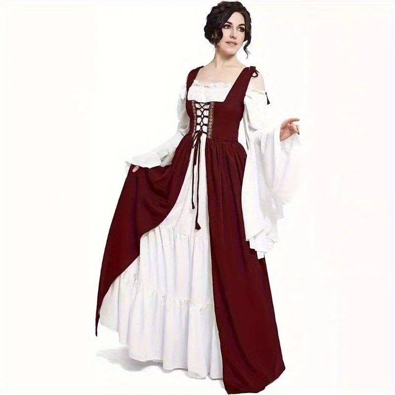 فستان تنكري للأميرة في العصور الوسطى للهالوين، فستان تنكري بخصر مربوط وياقة مربعة