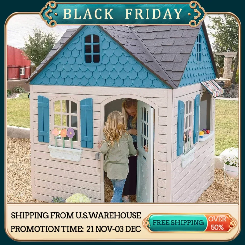 Playhouses, Heavy Duty Plastic Outdoor Playhouse, 6ft X 6ft X 7 Ft Tall, Beige & Blue, Door with Mail Slot and Working Doorbell