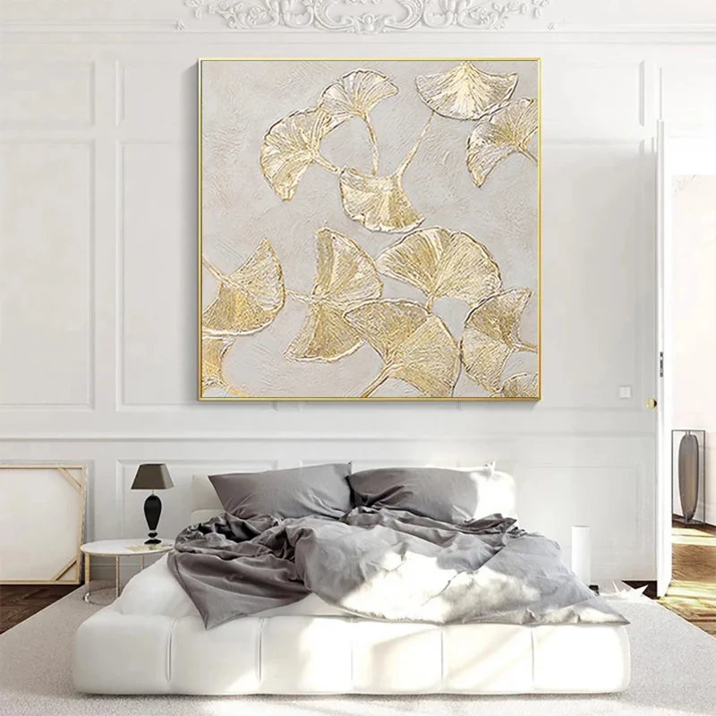 Square Abstract Gold Foil Painting Ginkgo Leaf Painting Handmade Modern Minimalist Decorative Painting For Living Room Decor