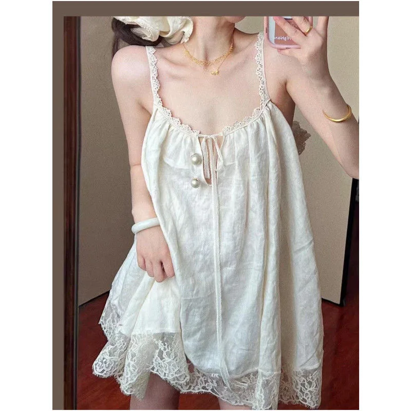 

Women's Sexy Lace Camisole with Nightgown Summer New Style Solid Color Sweet Loose Breathable Home Camisole Short Nightgown