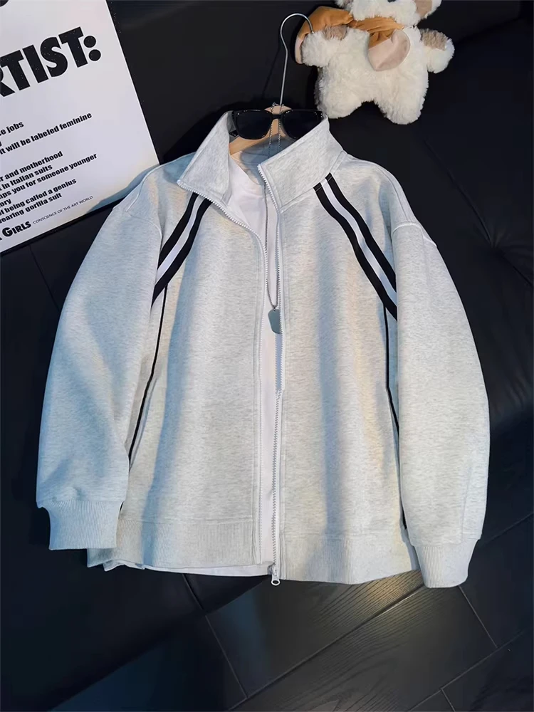 

Color Blo Contrast Zipper Baseball Sle Hoodie Men's Spring Faion Stand Collar Cardigan Sports Jaet Loose Fit Long Sve