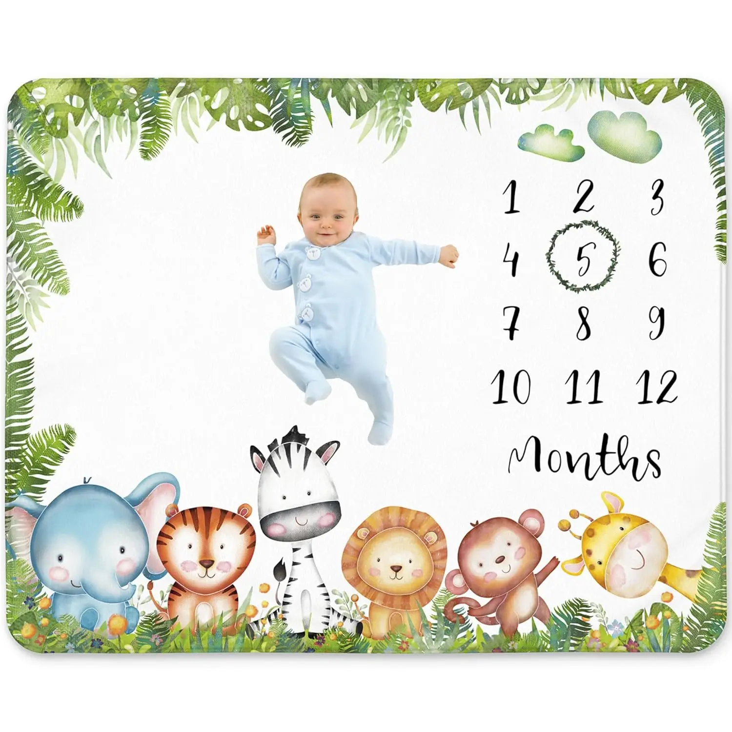 

VIKAMA Boys Milestone Blanket Jungle Animal Theme Bottom of the Month Photography Blanket Newborn Photo Props