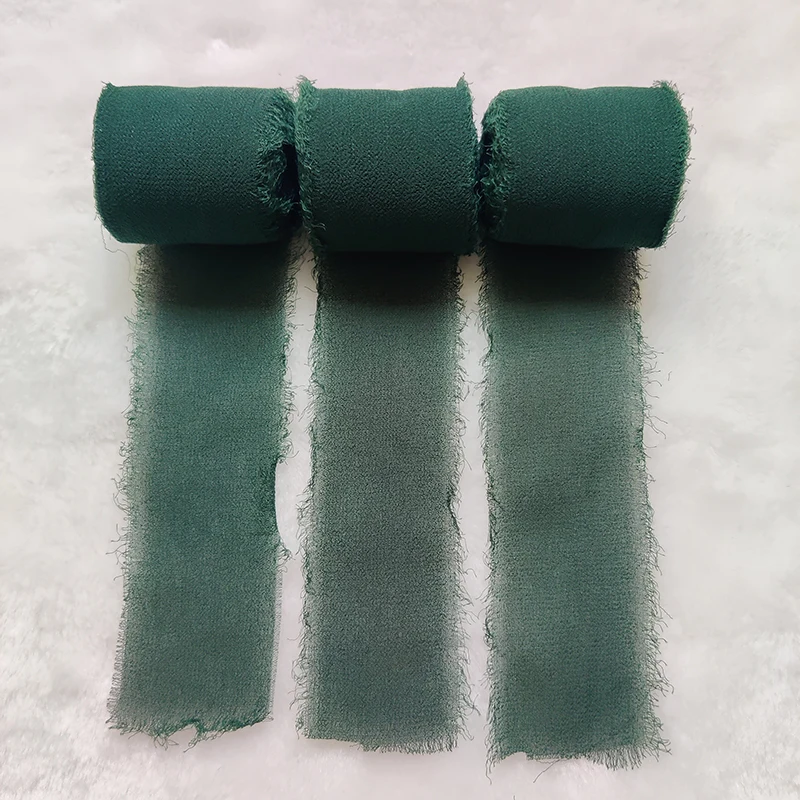 3 Rolls Dark Green Fringe Chiffon Silk Ribbon Handmade Frayed Edges for Wedding Invitations Gift DIY Craft Bow Wrapping Ties