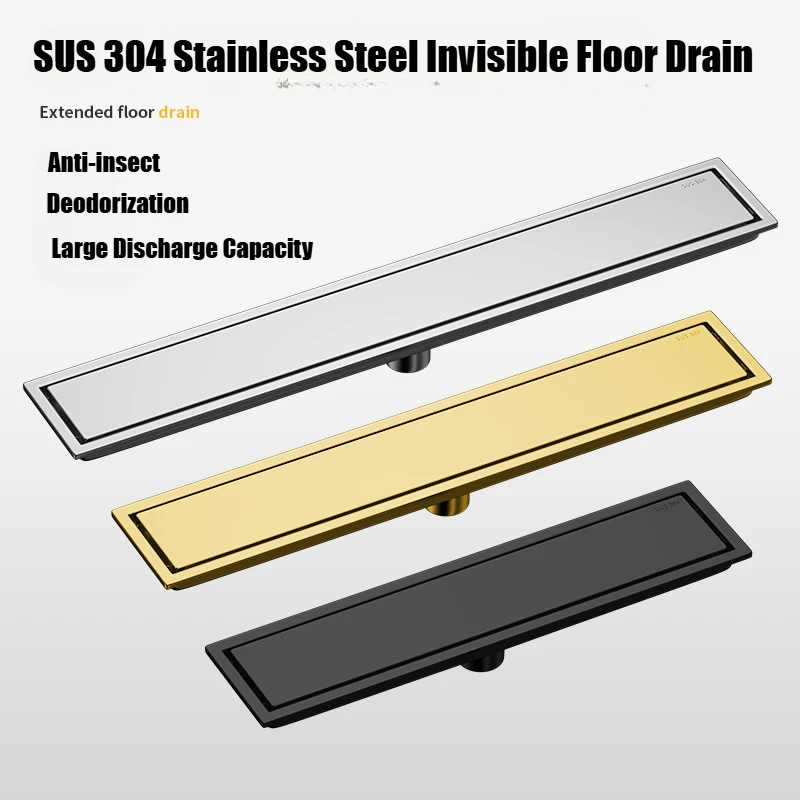 20/30/40/50cm Floor Drain Stainless Steel Bathroom Shower gutters Gold Black Invisible Tile Floor Drains