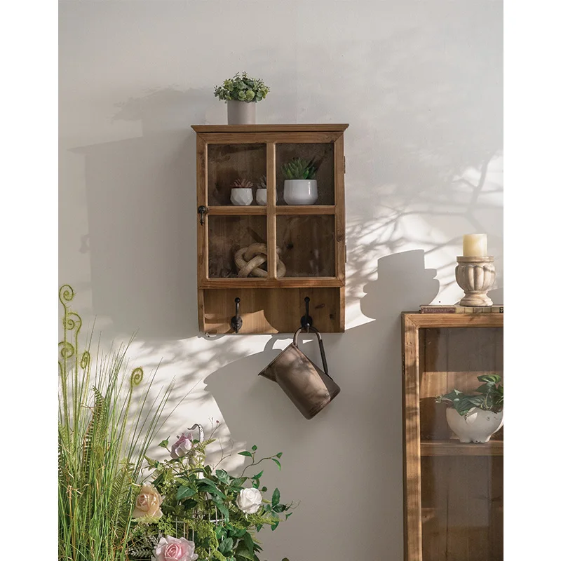 

Natural Wood Wall Hanging Cabinet with Hooks, Storage Rack Shelf, Farmhouse Style