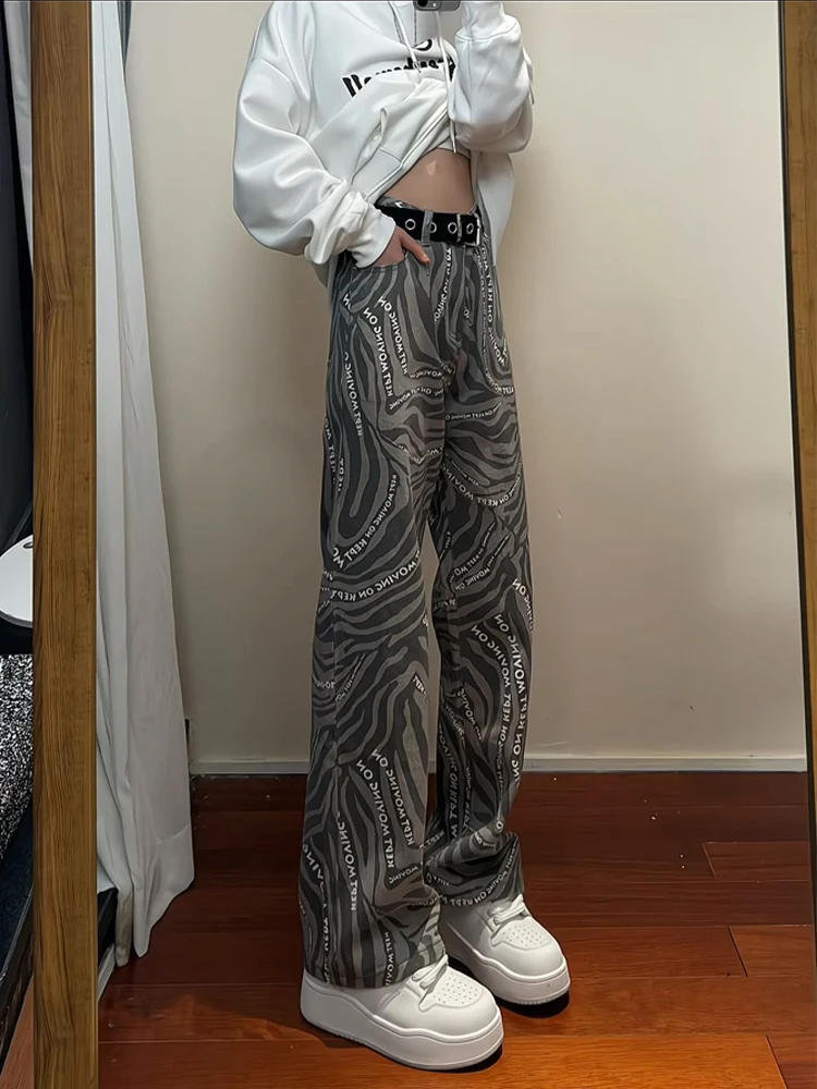 

Zebra Print Letter Floral Men's Jeans Trendy Design Straight Leg Micro Flared Pants Youthful Sle Wear Resistant Micro Stretch