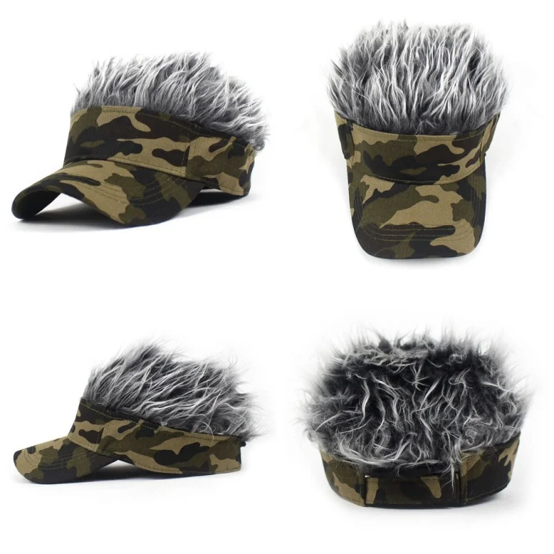 Outdoor Camouflage Armygreen Jungle Sunshade Sunhat Spiked Hairs Wig Hat Sports Baseball Cap Synthetic Short Hair Wigs Hat Visor