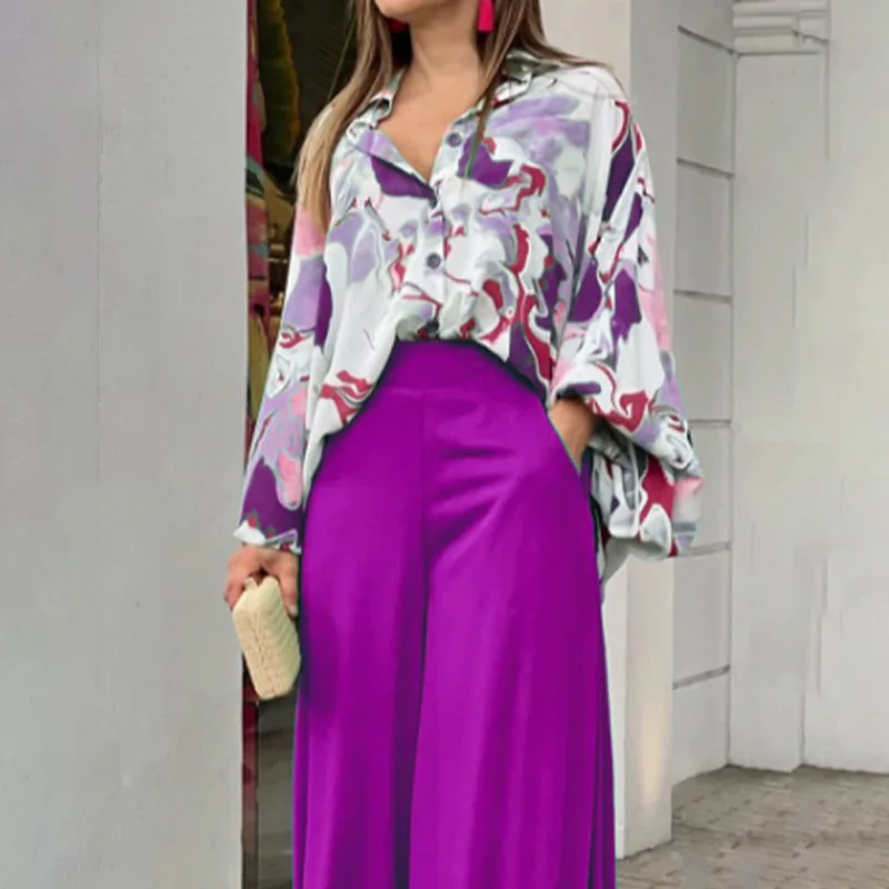 Fashion Casual Set Women 2024 Tops Shirt Elegant Wide Leg Pants Set Printed Bell Sleeve Shirt Wide Leg Pants Fashion Trendy