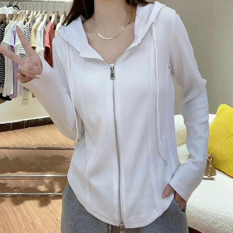 Spring Autumn New Solid Color Fashion Long Sleeve Hoodies Women High Street Casual Slim Zipper Drawstring All-match Cardigan