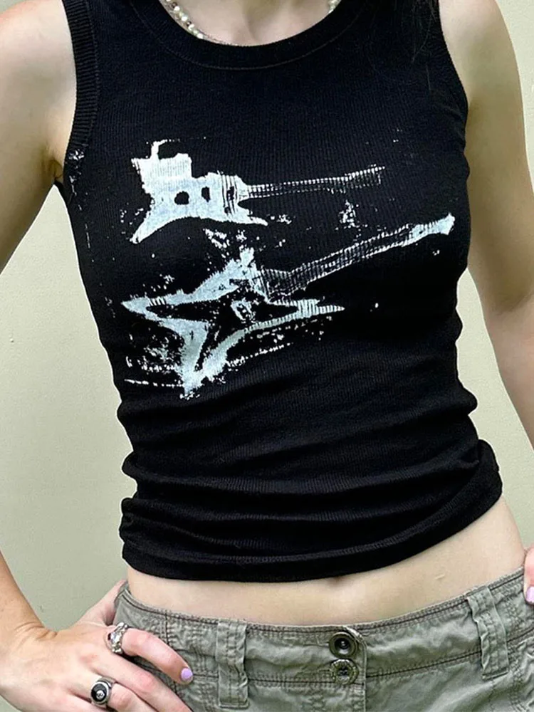 Guitar Print Tank Top bez rękawów Y2K Casual Ribbed Women Grunge Crop Top Harajuku Fashion Vest Tee 90s Street Outfits