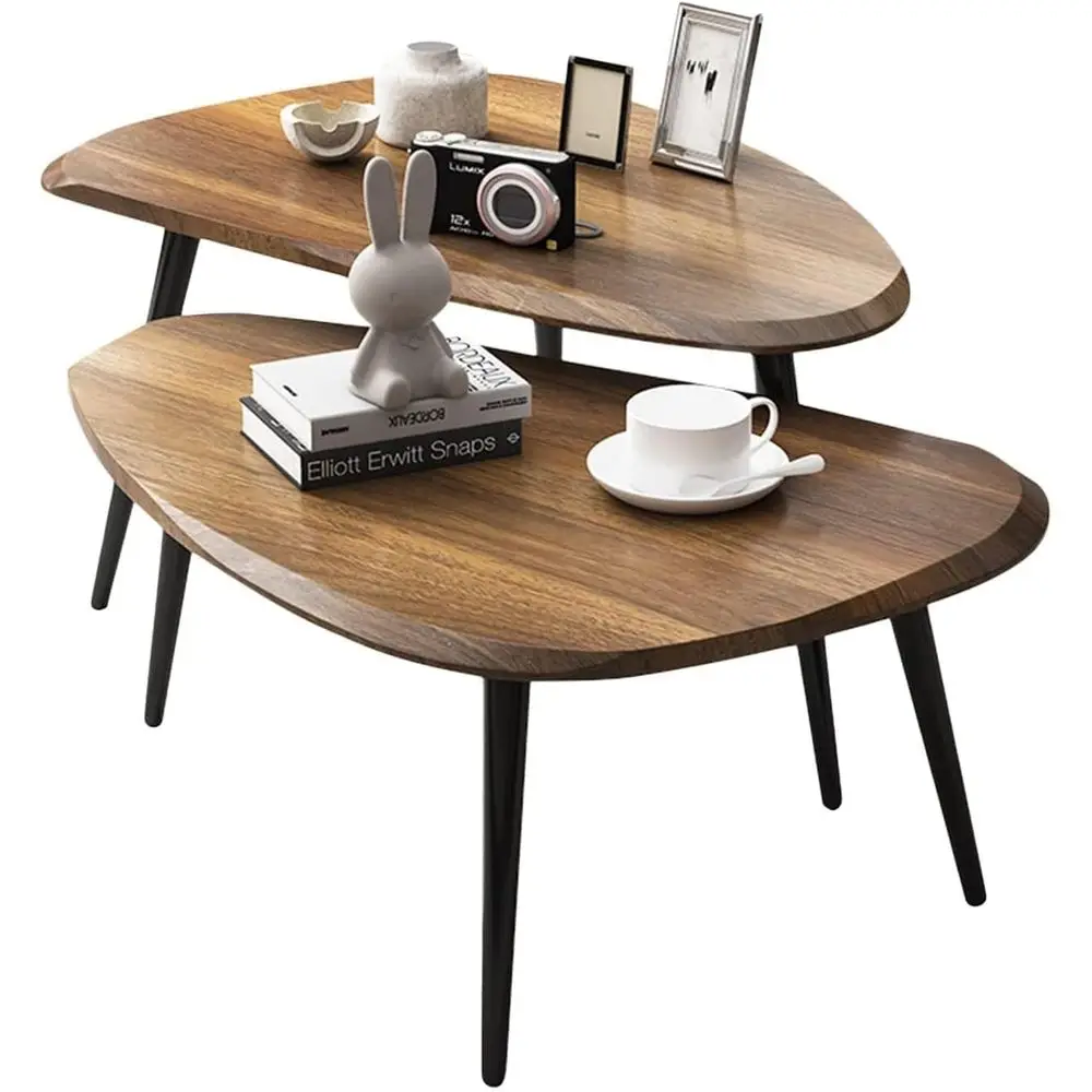 

Oval Walnut Wood Coffee Table Set for Living Room, Compact Design for Sofa, Bed, Office, Balcony, and Small Spaces