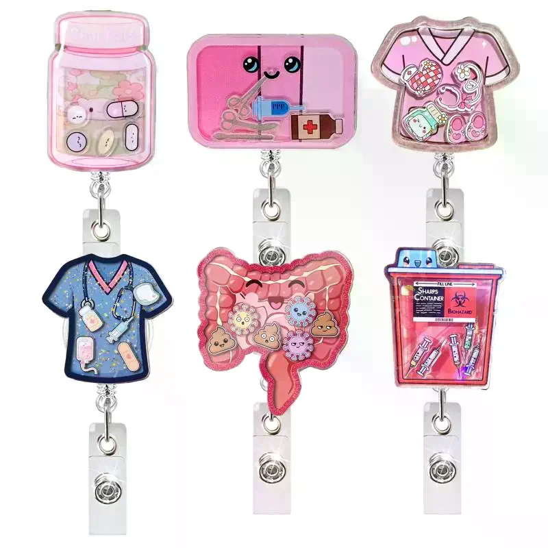 Acrylic Anime Scrubs Pills Bottle Large Intestine Retractable Nurse Badge Reel Doctor ID Card Holder Shaker