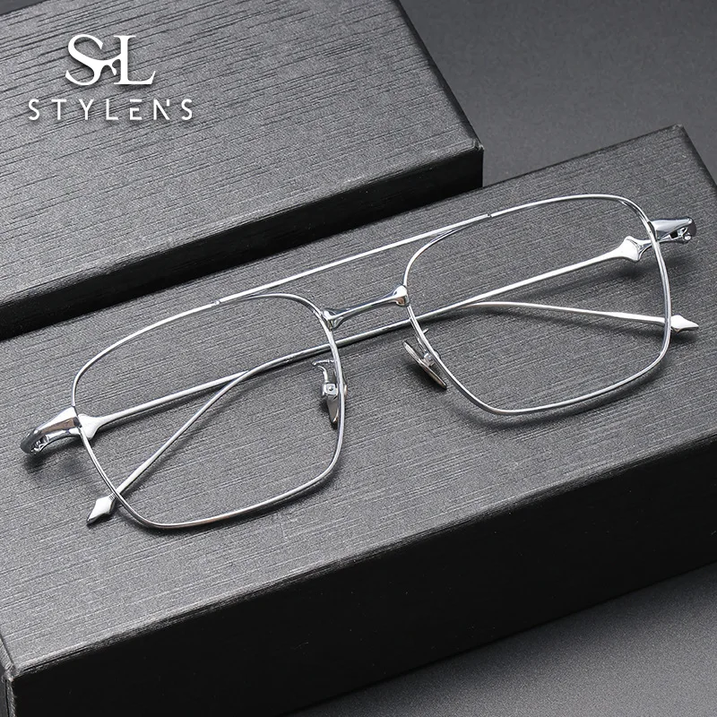 

STYLENS Business Ultralight Pure Titanium Glasses Men's Square Reading Glasses Anti Blue Light Prescription Customization 1911