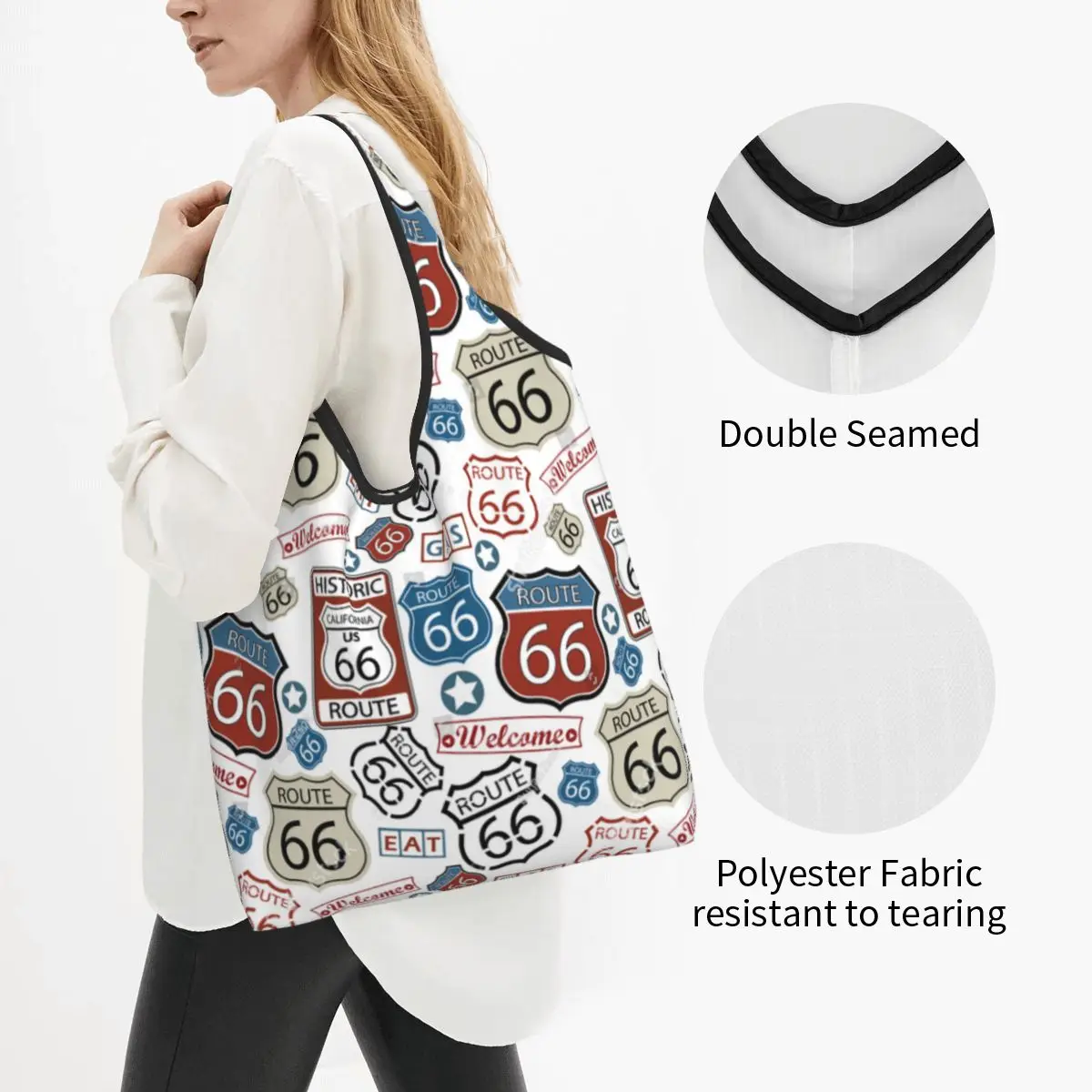 Custom Vintage Route 66 Shopping Bags Women Portable Large Capacity Groceries America Highways Tote Shopper Bags